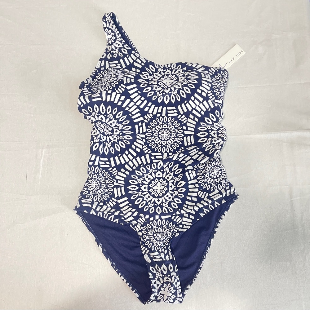 Nicole Miller Navy and White One-Shoulder One-Piece Swimsuit
